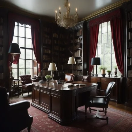 <lyco:English_style_interior_design_Sa_May:1.0> British style elegant masculine traditional english magical office
