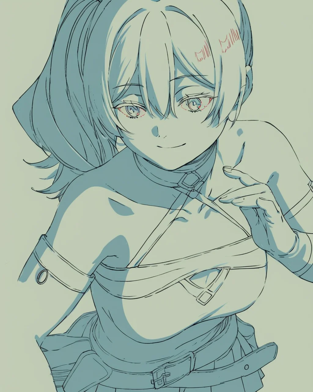 score_9, score_8_up, score_7_up, score_6_up, score_5_up, score_4_up, source_anime, screenshots, <lora:AnimeOriginalArtStyleShadow_PONYXL_d4a1-000010:1> oamhfs, simple background,monochrome,blue theme, 
 <lora:Ubel_PonyXL-000015:0.7:lbw=sdxlcolor> ubel,1girl,hair, bangs,hair between eyes,side ponytail,choker, collarbone, sleeveless, dress,sleeveless dress, halterneck,pleated skirt, gloves,belt,footwear,smile,