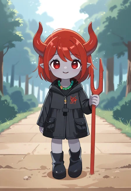 score_9, score_8_up, score_7_up, BREAK
highres, highly detailed, high resolution, high quality, 
source_anime, anime screencap, saturation, vivid colors, 
1girl, solo, luce, full body, standing, demon girl,
(dark red hair:1.2), (big dark red eyes:1.1), medium hair, cute, (grey skin:1.1), (horns:1.2), 
(long black raincoat:1.1), black rubber boots, 
pentagram necklace, holding red trident, 
pikaole, cute, bokeh,
blurry background, forest background, path