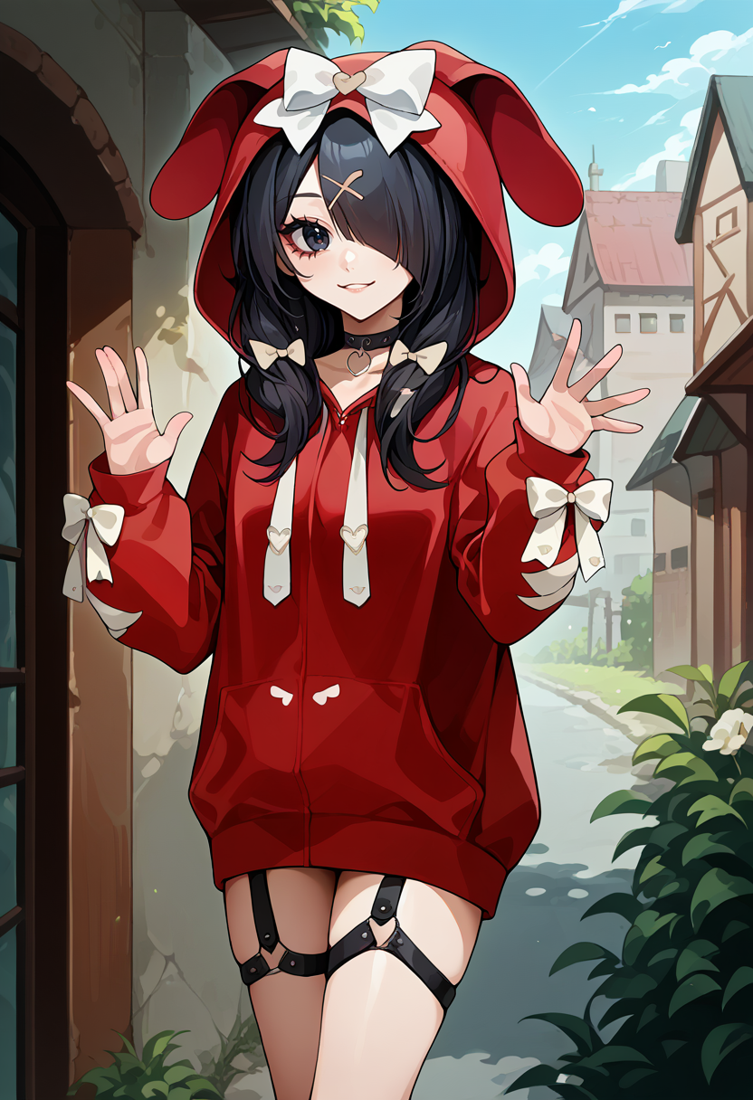 score_9, score_8_up, source_anime, 1girl, solo, AmeExhibition, black hair, black eyes, long hair, hair over one eye, x hair ornament, hair over shoulders, black choker, animal hood, hood up, white bow, red hoodie, long sleeves, cross-laced sleeves, o-ring thigh strap, garter straps, outdoors, waving at viewer, smile, <lora:ChamKAngelPonyXL:1>