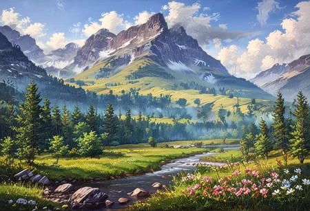 Forest landscape scene, steep mountain valley, lush green fields, small lumbermill, simon stalenhag, storm, dark clouds, windswept, stormy weather, complementary colors, ((Highest quality:1.0),(High resolution:1.0), (masterpiece:1.0), (ground level view:0.6, viewer looking up:0.6), beautiful and aesthetic:1.3), extreme detailed, colorful, highest detailed,((ultra-detailed)),(highly detailed CG illustration),,