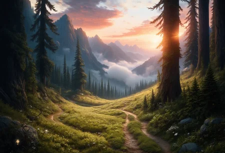 A path winds through a misty forest towards tall mountains and glistening waterfall. The setting sun goes below the horizon, painting the sky in vivid hues of red, orange, and gold. Tall straight pines line the path, under which ferns and new blossoms grow. Dew-kissed grass sparkles as sunbeams dance across the landscape. small patches of snow are melting. Puffy clouds catch the evening light, transforming into floating islands of color. As the world stirs to life, luminous white flowers curl up along the roadside, their soft glow harmonizing with the green leaves.