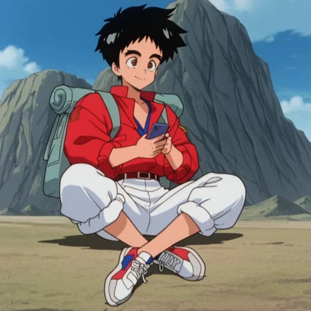 masterpiece,best quality,amazing quality,<lora:Haruka_Daichi-MADO_KING_GRANZORT:1>,
Haruka Daichi,1boy,black hair,solo,male focus,jacket,belt,pants,outdoors,sky,bag,sitting,shoes,cloud,brown eyes,day,phone,indian style,holding,smile,red jacket,shirt,short hair,white pants,backpack,blue shirt,full body,
