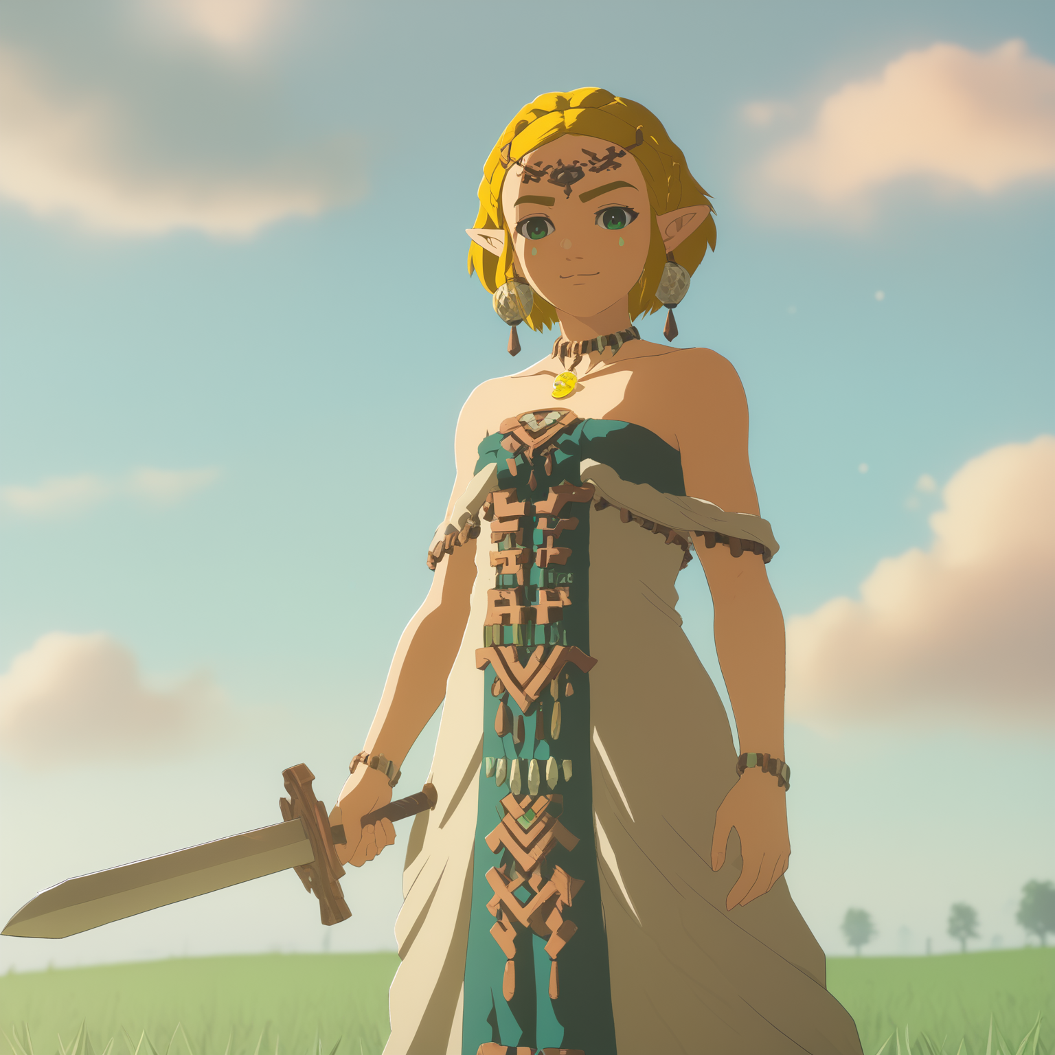 score_9,  score_8_up, score_7_up, <lora:przldtotk-xl-v1-32-04:1> anime of przldtotk, pointy ears, blonde hair, short braided hair, green eyes, facepaint, headpiece, necklace, earrings, zonai dress,
1girl, solo, smug, raised eyebrows, looking at viewer, sweat, sword, grass, field, wind, sunset, outdoors