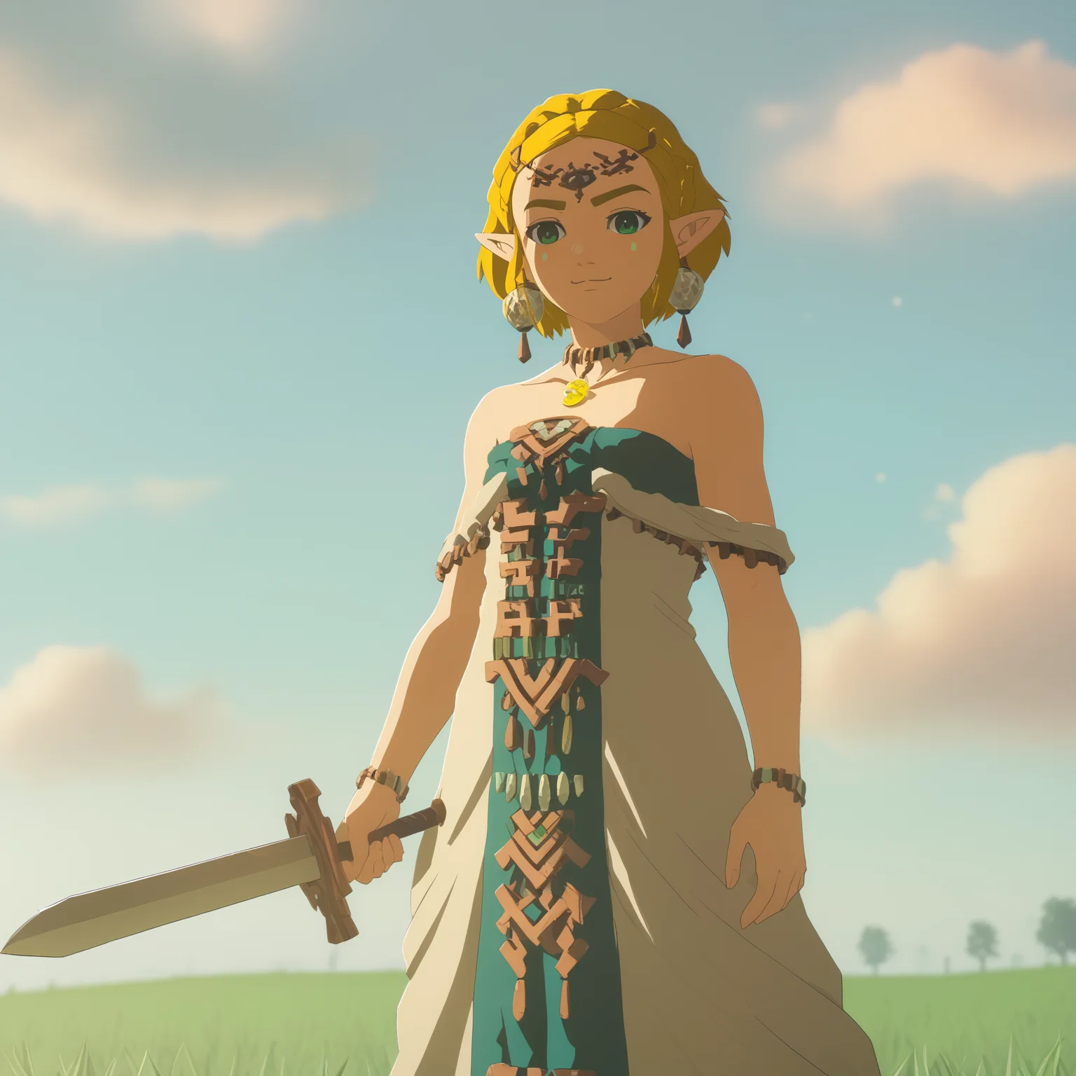 score_9, score_8_up, score_7_up, <lora:przldtotk-xl-v1-32-04:1> anime of przldtotk, pointy ears, blonde hair, short braided hair, green eyes, facepaint, headpiece, necklace, earrings, zonai dress,
1girl, solo, smug, raised eyebrows, looking at viewer, sweat, sword, grass, field, wind, sunset, outdoors