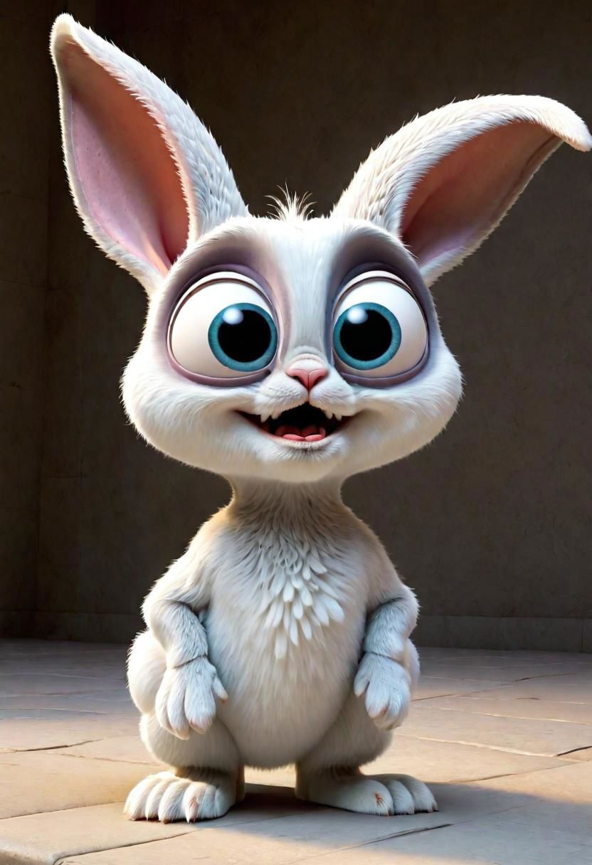 3d,art by pixar,cartoon, a fleshmutant cute white bunny with huge eyes and huge ears