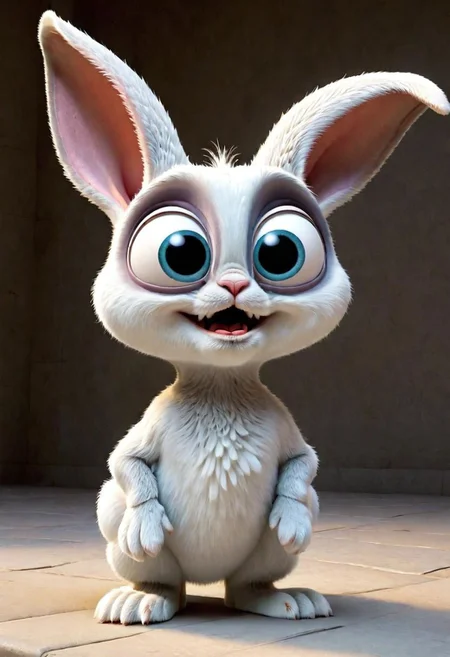 3d,art by pixar,cartoon, a fleshmutant cute white bunny with huge eyes and huge ears