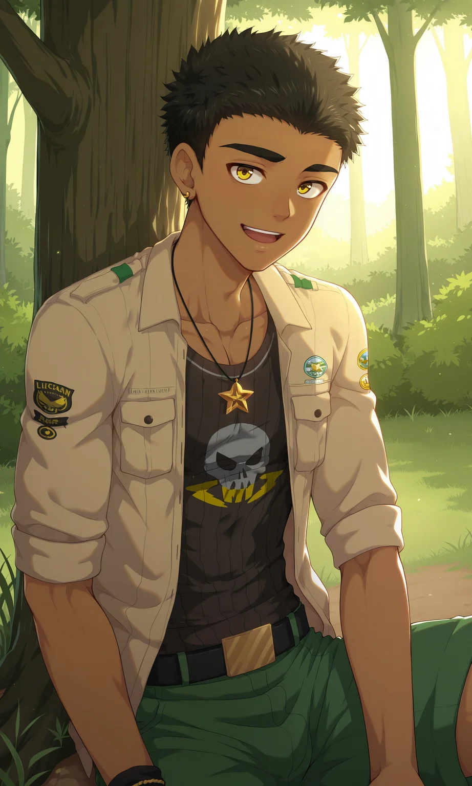 1boy, male focus, slim, Kieran, solo, male focus, open mouth, smile, looking at viewer, dark-skinned male, black hair, yellow eyes, earrings, necklace, brown-grey shirt, sleeves rolled up, wristband, green shorts, black belt, open clothes, black t-shirt, shaded, short sleeves, sitting, sitting, under tree, lush forest, outdoors, (masterpiece:1.35), (very aesthetic, best quality:1.3), detailed shading, detailed skin, realistic shading, highly detailed, intricate details, masterful composition, cinematic lighting, close-up, <lora:Kieran_XL_V10_ILL:1>