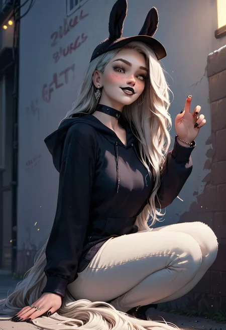 score_9, score_8_up, score_7_up, score_6_up, score_5_up, score_4_up, rating_explicit, 1girl, mischievous, Flora Heloise Daisy, fit woman, rabbit ears, rabbit tail, rabbit feet, 29 year old, face focus, blush, platinum blonde hair, beautiful face, bangs, ((Luscious hair, flowing hair, soft hair, full hair):1.2), black chocker, yellow eyes, toned, slender, perfect big saggy breasts, freckles, nice butt, wide hips, thick thighs, ((detailed fluffy fur, realistic fur, soft fur, fluffy fur, realistic lighting, natural lighting, soft lighting, subsurface scattering,):1.3), beautiful, (hazel eyes), detailed face, realistic face, make up, black lipstick,long nails, black nails, black eyes, sm eyeshadow, long eyelashes, eyeliner,full lips, close up on face, face close up, choker, rings, bracelet, perfect hands, seductive smile, great view,pose,
Break
Baseball cap, black hoodie, long skirt, smiling
Break
City streets, winter, paw pose, crouching, glowing, neon