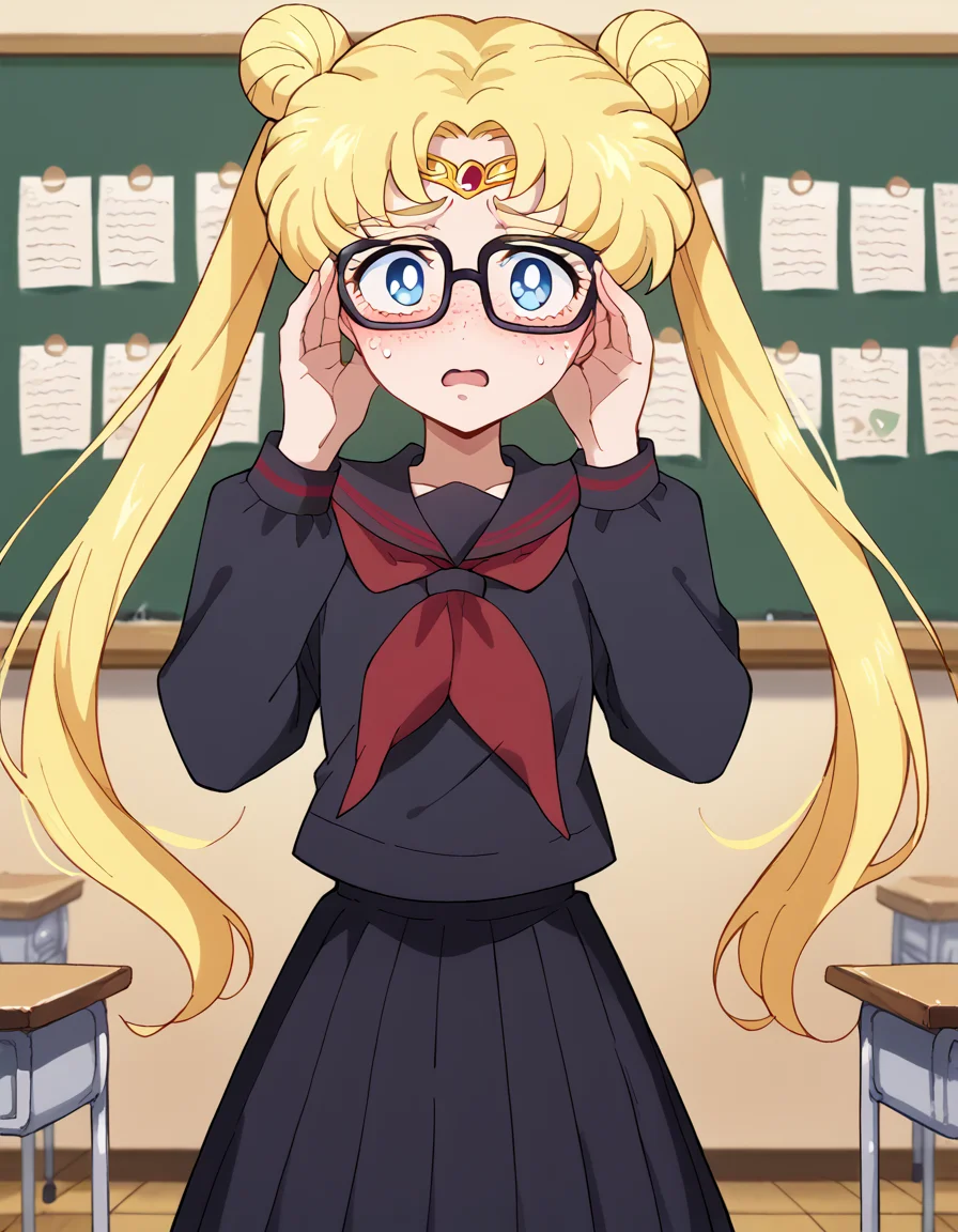 score_9, score_8_up, score_7_up, source_anime, <lora:usagi-tsukino-eternal-movie1-ponyxl-lora-nochekaiser:1>, usagi tsukino, blonde hair, blue eyes, double bun, hair bun, hair ornament, long hair, twintails, circlet, parted bangs,, <lora:jimiko-ponyxl-lora-nochekaiser:1>, jimiko, glasses, black-framed eyewear, messy, unkempt, thick eyebrows, twintails, braids, freckles, baggy eyes,, blush, open mouth, embarrassed, classroom, adjusting eyewear, serafuku, black serafuku, red neckerchief, skirt, black skirt, pleated skirt, cowboy shot, <lora:averting-eyes-ponyxl-lora-nochekaiser:1>, averting eyes,