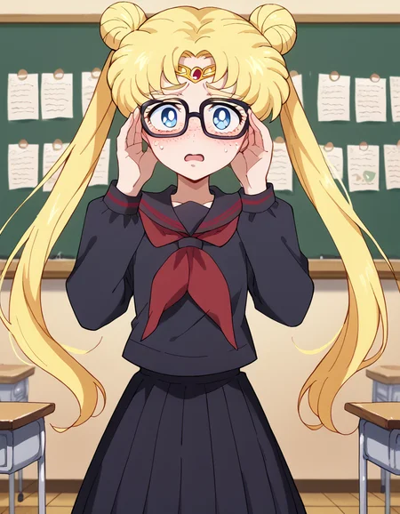 score_9, score_8_up, score_7_up, source_anime, <lora:usagi-tsukino-eternal-movie1-ponyxl-lora-nochekaiser:1>, usagi tsukino, blonde hair, blue eyes, double bun, hair bun, hair ornament, long hair, twintails, circlet, parted bangs,, <lora:jimiko-ponyxl-lora-nochekaiser:1>, jimiko, glasses, black-framed eyewear, messy, unkempt, thick eyebrows, twintails, braids, freckles, baggy eyes,, blush, open mouth, embarrassed, classroom, adjusting eyewear, serafuku, black serafuku, red neckerchief, skirt, black skirt, pleated skirt, cowboy shot, <lora:averting-eyes-ponyxl-lora-nochekaiser:1>, averting eyes,