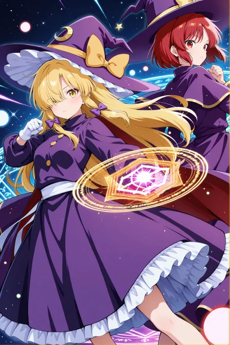 2girls, alongside, light particles, floating hair, fighting stance, magic circle, danmaku, standing, looking at viewer, BREAK
absurdres, highres, masterpiece, best quality, amazing quality, official anime artwork, screencap, anime screencap,  dynamic pose, <lora:Marisa-Kirisame-PC98_Illustrious:1> BREAK
Marisa98, 1girl, solo, yellow eyes, blonde hair hair, long hair, hair over one eye, sidelocks, small breasts,, witch hat, purple hat, frilled hat, hat bow, yellow bow, hat ornament, crescent hat ornament, hair ribbon, purple ribbon, purple turtleneck, purple dress, frilled skirt, puffy long sleeves, yellow buttons, white gloves, white sash, BREAK
Marisa98, 1girl, solo, red eyes, red hair hair, short hair, small breasts,, witch hat, purple hat, hat bow, yellow bow, hat ornament, crescent hat ornament, puple cape, purple turtleneck, purple dress, capelet, frilled skirt, long sleeves, wide sleeves, yellow neck ribbon,