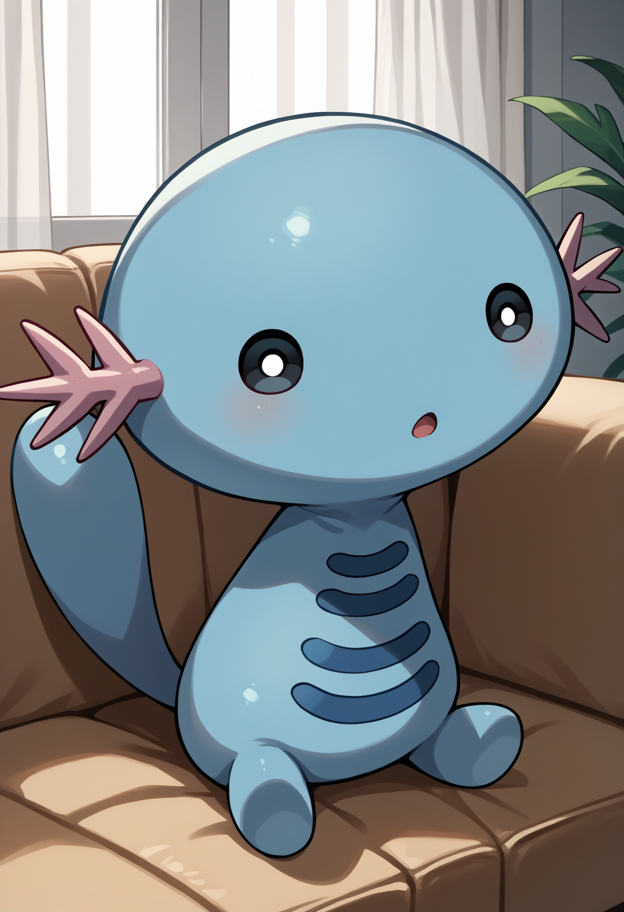score_9, score_7_up, source_anime, sitting, chestnut mouth, looking at viewer, chibi, <lora:WooperPKMN-pdxl:1> w00per, pokemon \(creature\), no humans, blue skin, black eyes, white pupils, tail, couch, indoors, curtains