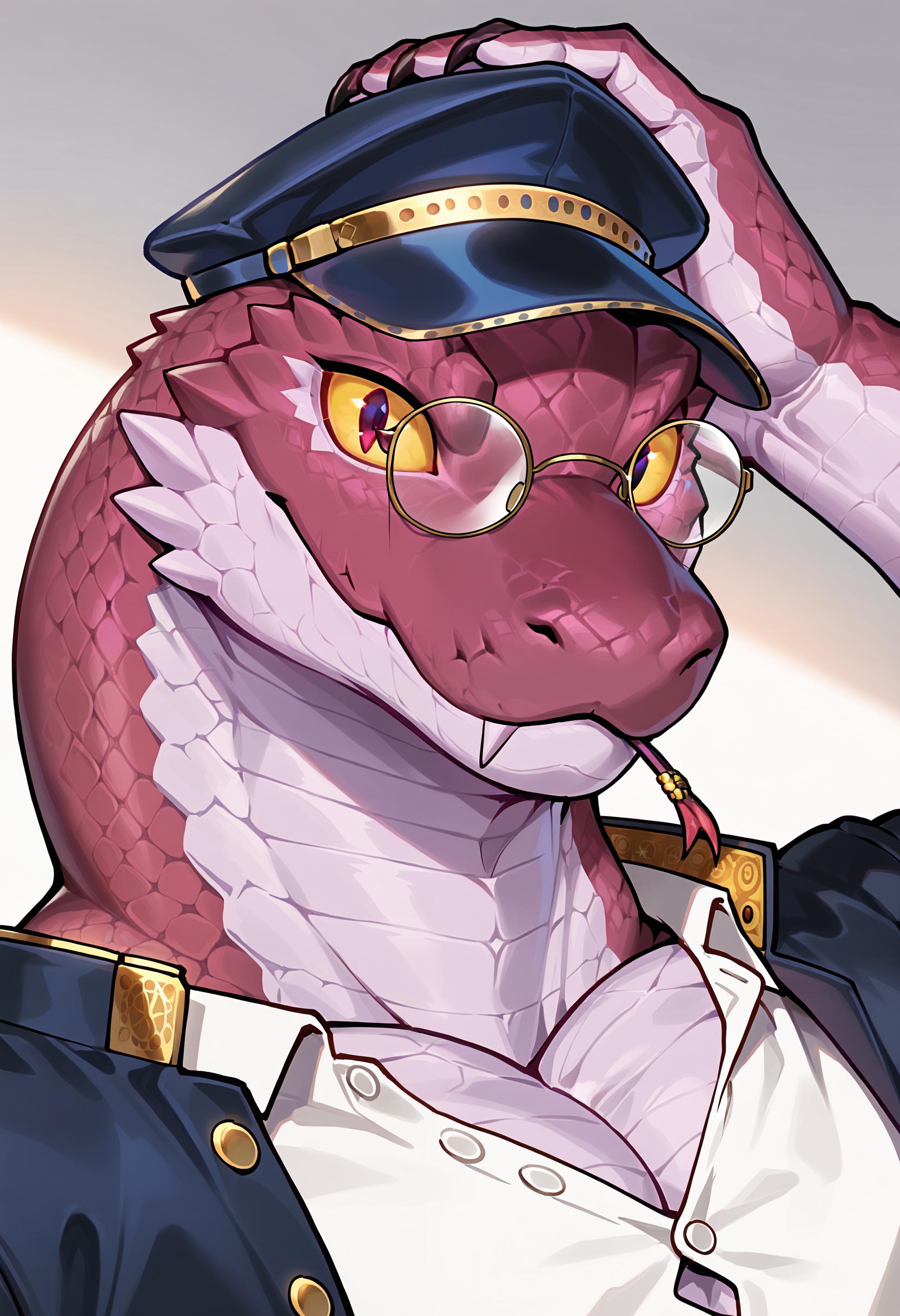 photorealism, photorealistic, chromatic aberration, depth of field, blurry background, detailed scales,   looking at viewer, dutch angle,  yig_tas, legless, snake, serpentine, anthro, clothing, solo, male, furry male, furry, 1boy, tokyo afterschool summoners, bara, eyewear, colored sclera, scalie, scales, muscular male, hi res, topwear, muscular, headwear, glasses, clothed, red scales, bottomless, white shirt, jewelry, yellow sclera,   (syuro:0.8), (nomax:0.5), (honovy:0.6), (kenket:0.6), (taran fiddler:0.6), masterpiece, best quality, amazing quality, very aesthetic, absurdres, newest,   <lora:Yig_Tokyo_Afterschool_Summoners_Illustrious:1.0:1.0>,  (headshot portrait, after frame focus, looking aside, hand on head, evil:1.15),