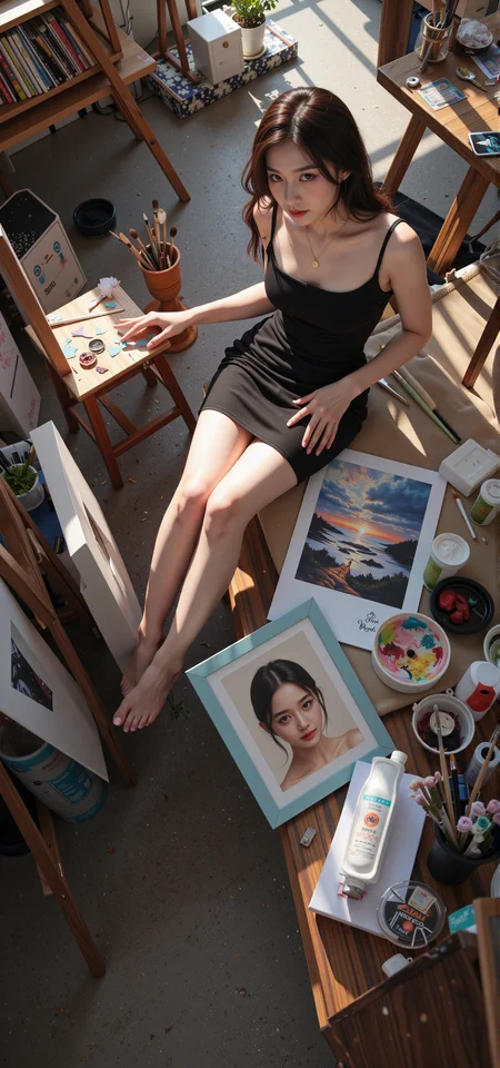 A beautiful and youthful Korean model, 21 years old, showcases her striking looks with a slender body, perfect face, exquisite eyes, and luscious lips., Create an image in the style of impressionistic realism, illustrating a seasoned artist with deep crevices etched by years of experience, their eyes reflecting a serene wisdom. Depict them from an unusual 'bird's-eye view' perspective as they sit amidst a cluttered studio filled with half-finished canvases and various brushes, palettes, and art supplies. The scene should evoke a sense of introspection as the artist delicately applies paint to a portrait of a subject unseen, blending colors in soft layers that capture the essence of light and emotion while leaving room for interpretation, thus creating an enchanting atmosphere that bridges the gap between tangible reality and the boundless realm of imagination.