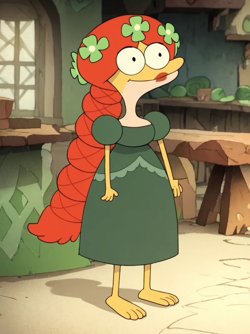 score_9, score_8_up, score_7_up, score_6_up, BREAK, FeliSundew, 1girl, solo, dress, four-leaf clover hair ornament, long hair, green dress, lipstick, braid, red hair, barefoot <lora:Felicia_Sundew:1>