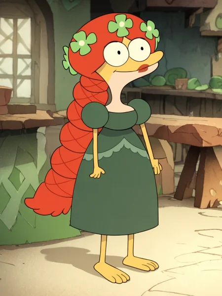 score_9, score_8_up, score_7_up,  score_6_up, BREAK, FeliSundew, 1girl, solo, dress, four-leaf clover hair ornament, long hair, green dress, lipstick, braid, red hair, barefoot <lora:Felicia_Sundew:1>
