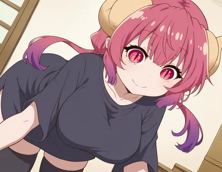 score_9, score_8_up, score_7_up, source_anime,
dragonilulu, <lora:dragon-ilulu-s2-ponyxl-lora-nochekaiser:1>,
ilulu, curled horns, horns, long hair, multicolored hair, purple hair, red eyes, red hair, slit pupils, large breasts,
black shirt, long shirt, black thighhighs, collarbone, shirt, short sleeves, thighhighs, wide sleeves, zettai ryouiki,
indoors, bent over, smile,
looking at viewer, cowboy shot, dutch angle, solo,