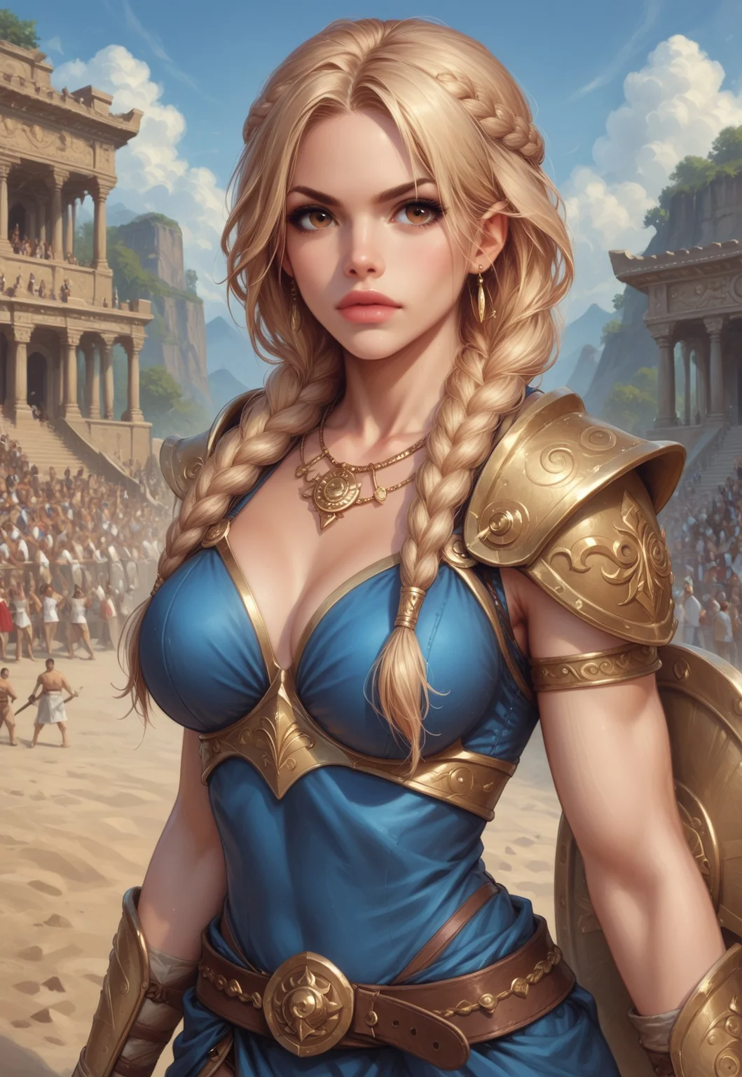 safe_pos, score_9, score_8_up, score_7_up, score_6_up, fierce gladiator, battle armor, shield and sword, long braided hair, realistic, cinematic angle, cinematic lighting, muscular body, determined face, piercing brown eyes, combat pose
BREAK
fighting in a grand arena
BREAK
source_historical_art, rating_explicit, expressive, upper body, dynamic pose
BREAK
detailed beautiful background, ancient coliseum, cheering crowd, sandy arena, dramatic sky, intense atmosphere