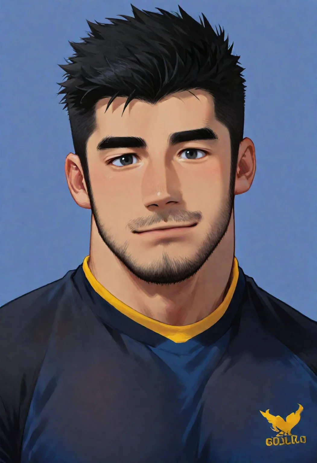 sideburns,simple background,muscular male,mature male,sportswear,blue shirt,facial hair,long sideburns,hairy,blue background,beard,black hair,mature male,
1boy,male focus,solo,facial hair,shirt,black hair,short hair,looking at viewer,black shirt,beard,mature male,bara,black eyes,thick eyebrows,simple background,upper body,
very awa,masterpiece,best quality,absurdres,newest,
<lora:qjs-vc:1>,