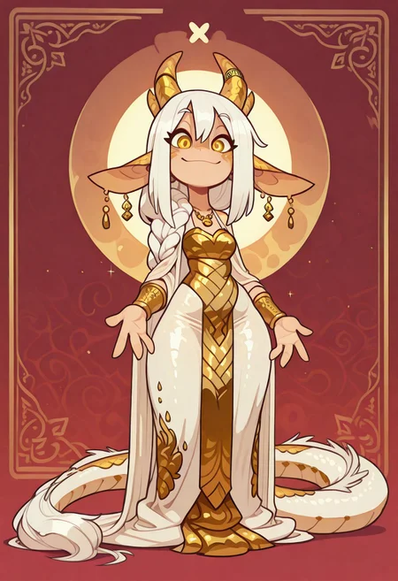 1 girl , solo , dragon girl , neck tufts , golden scales , golden eyes , white hair with gold highlights , long hair , braided long hair , shiny hair , shiny scales , long dress , silk dress with gold embroidery , jewelry , braclet , necklace , voluptuous , tall , long tail , looking at viewer , smile ,
masterpiece ,best quality ,amazing quality, Flatline, Flat vector illustration, rapscallionstyle ,huffslove ,S4bit4mago_illu ,