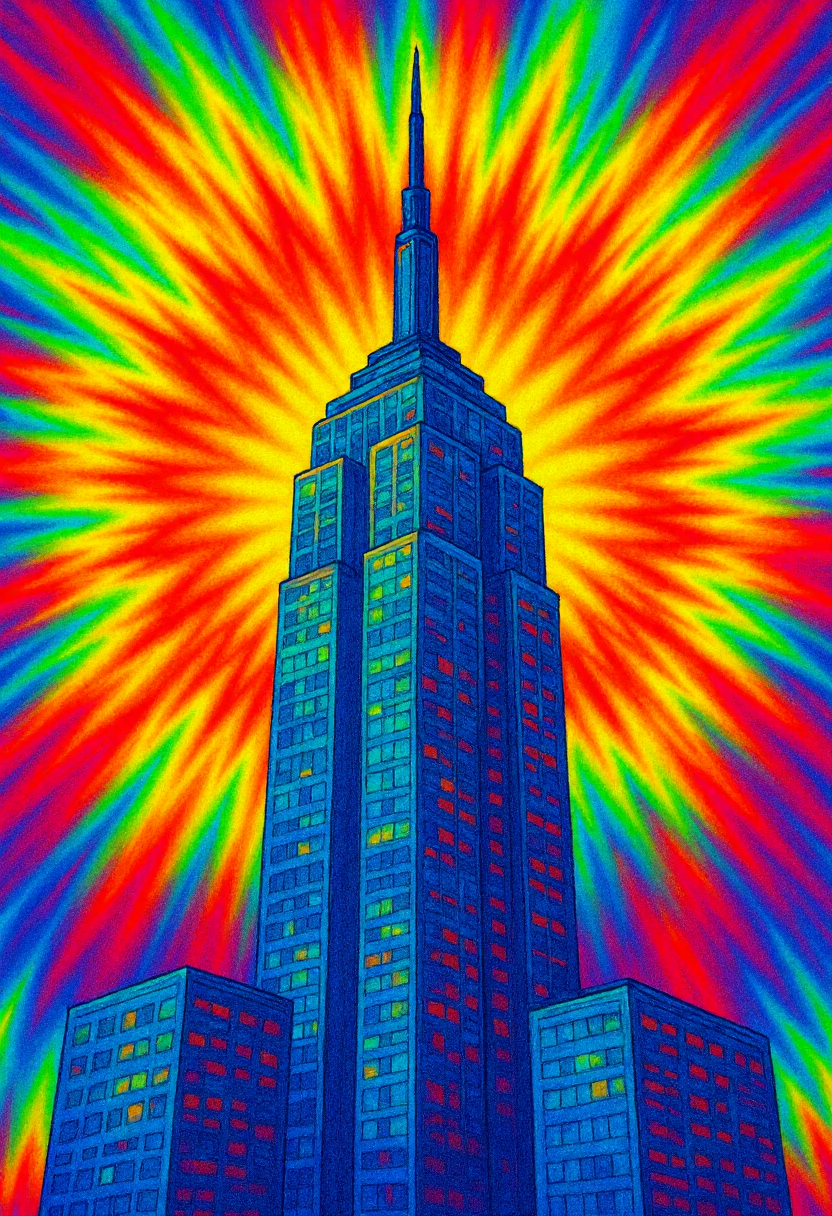 <lora:Tie_Dye_Style_FLUX-000015:0.9> 
This is a vibrant, psychedelic digital drawing of a closeup of skyscraper in a swirling pattern reminiscent of tie-dye artwork.