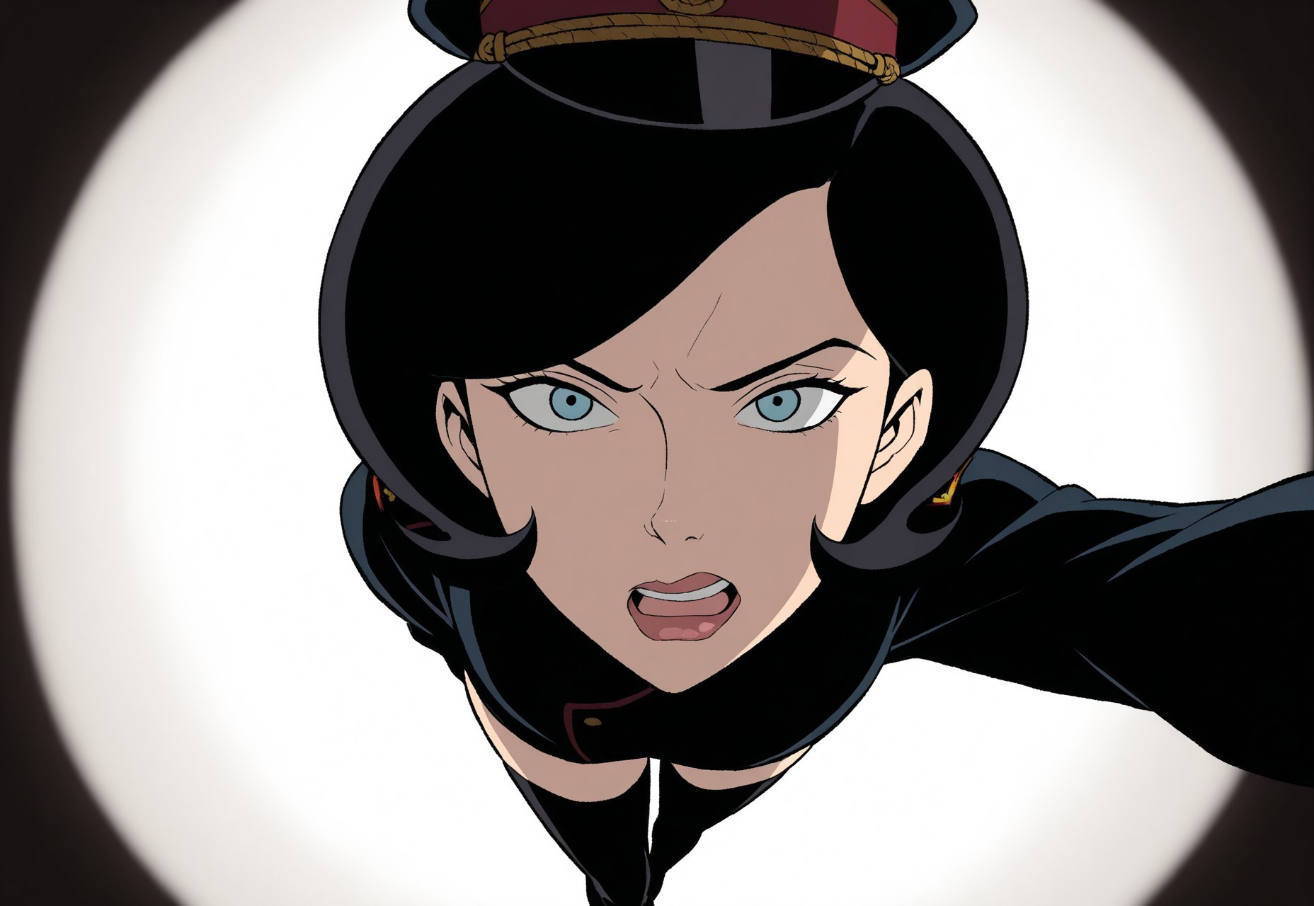 ray tracing, score_9, score_8_up, score_7_up, good shadows, ),<lora:add-detail-xl:-1>, ultra detailed, masterpiece, beautiful face, amazing quality, aesthetic, absurdres, perfect, perfection, ambient shadow, 1 girl, venture bros, best quality, dr girlfriend, black hair, hat, military uniform, black thigh highs, boots, blue eyes, annoyed, coming towards viewer, mouth open, hand in close view, detailed face, white background, 