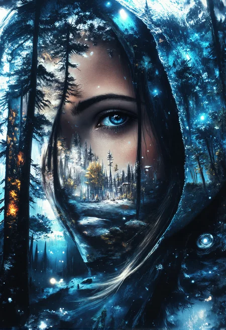 aidmaMJ6.1, darkcore, Jeddblexpsre,double exposure, ethereal. A close-up shot of a breathtaking young womanâs face, where her facial features are softly blended with an ethereal overlay of a misty winter forest . Her piercing blue eyes and delicate skin textures are visible through the translucent silhouette of the forest, creating a dreamy, surreal double exposure effect. The icy crystals on the hood of her light blue medieval cloak merge harmoniously with the natural elements. The soft lighting highlights both the woman and the superimposed scene, while shadows and highlights enhance the depth, giving the composition a balanced, thought-provoking appearance., <lora:FluxDFaeTasticDetails.safetensors:1.0:1.0> <lora:aidmaMJ6.1-FLUX-V0.2.safetensors:1.0:1.0> <lora:Flux DoubleExposure_epoch_1.safetensors:1.0:1.0> <lora:NebulaNexus_v1.safetensors:0.7000000000000001:0.7000000000000001>