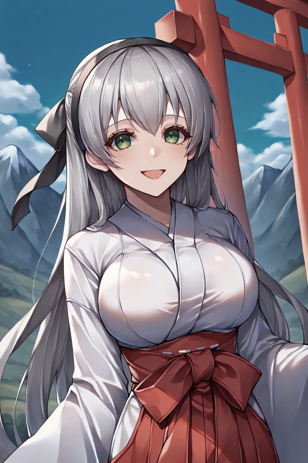 masterpiece, best quality, 1girl, solo, <lora:elie-illu-nvwls-v1-000006:1> senelie, grey hair, long hair, half updo, green eyes, black hairband, hair ribbon, large breasts, white kimono, red hakama skirt, miko, looking at viewer, happy, wide sleeves, torii, blue sky, hill, mountain, wide sleeves