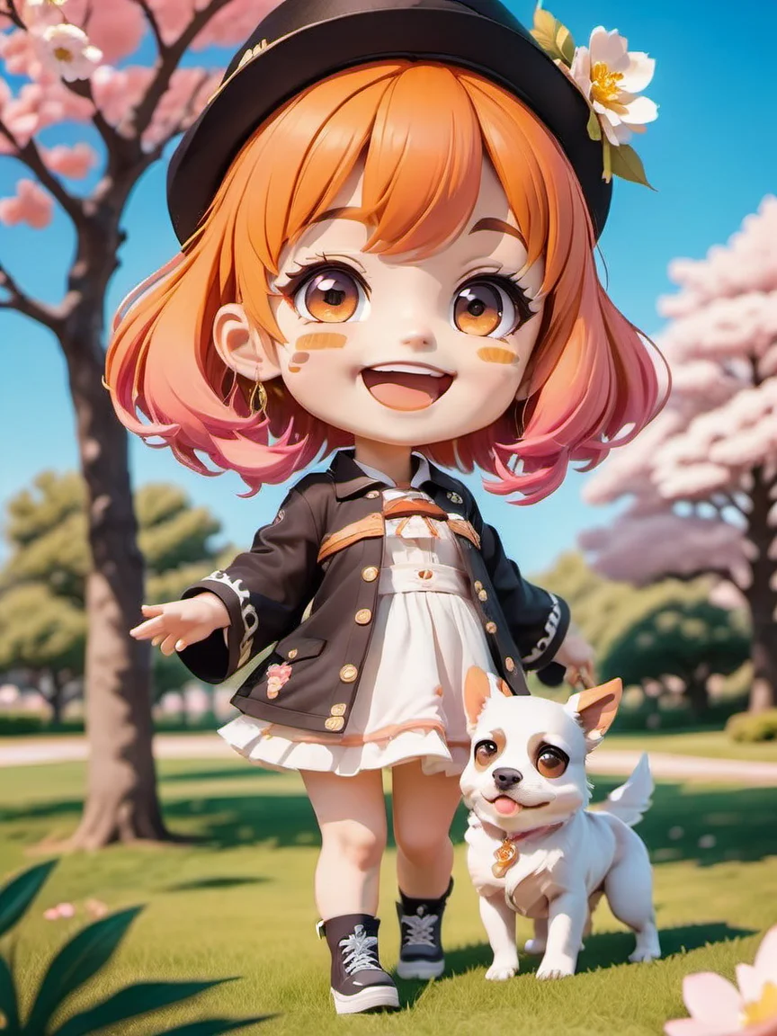 (masterpiece),(best quality),(ultra-detailed),(full body:1.2),
ania,chibi,cute,smile,open mouth,
flower,outdoors,((playing with a cute dog)),black beret,sundress,blush,tree,:3,shirt,short hair,cherry blossoms,orange headwear,blurry,brown hair,blush stickers,long sleeves,bangs,pink hair,(yellow flower),
(beautiful detailed face),(beautiful detailed eyes),solo,genshin impact,Demon wings,
<lora:chibi:0.8>,