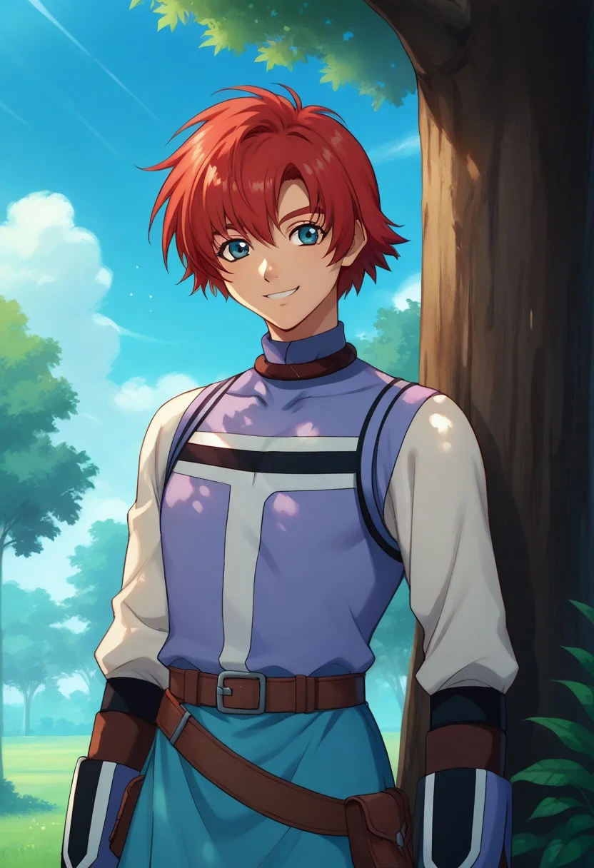 score_9, score_8_up, score_7_up, source_anime, highly detailed,
reidhershel, solo, male focus, 1boy, red hair, blue eyes, gloves, belt,
smile, upper body, shirt,
outdoor, sky, tree