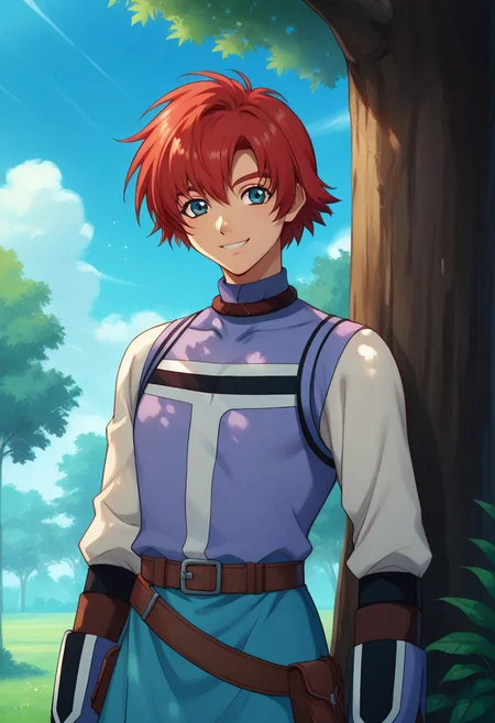 score_9, score_8_up, score_7_up, source_anime, highly detailed,
reidhershel, solo, male focus, 1boy, red hair, blue eyes, gloves, belt,
smile, upper body, shirt,
outdoor, sky, tree