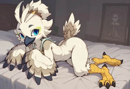 2boys, Tulin, furry, avian furry, white feathers, feathers, blue eyes, black beak, hair bun, yellow talons, black claws, winged hands, small tail, tulin snuggling with human, anonymous human, laying on bed