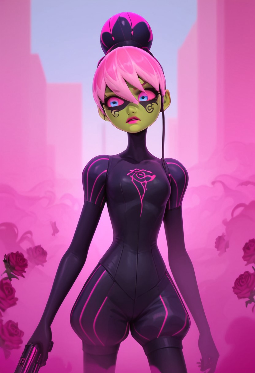 (score_9_up, score_8_up, score_7_up, score_6_up), g0th1c, glowing, Expressiveh, easynegative,  high quality, ultra-highres, Princess Fragrance, green skin, glowing, magenta hair, pink hair, multicolored hair, two-tone hair, bangs, bun, hair between eyes, rosebud-like bun, blue eyes, pink sclera, pink lipstick, black paint around her upper face, over her eyes with a swirl below her left eye, black turtlenecked skin-tight suit, puffed sleeves, puffed shorts, Narrow pink lines, black tube came out of the top of the bun, rose design on her chest, blaster, dark purple tear-shaped bottle, pink horizontal lines, pink glass blaster, BREAK, background,  purple mist, magenta fog