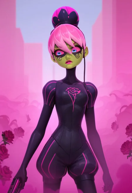 (score_9_up, score_8_up, score_7_up, score_6_up), g0th1c, glowing, Expressiveh, easynegative, high quality, ultra-highres, Princess Fragrance, green skin, glowing, magenta hair, pink hair, multicolored hair, two-tone hair, bangs, bun, hair between eyes, rosebud-like bun, blue eyes, pink sclera, pink lipstick, black paint around her upper face, over her eyes with a swirl below her left eye, black turtlenecked skin-tight suit, puffed sleeves, puffed shorts, Narrow pink lines, black tube came out of the top of the bun, rose design on her chest, blaster, dark purple tear-shaped bottle, pink horizontal lines, pink glass blaster, BREAK, background, purple mist, magenta fog