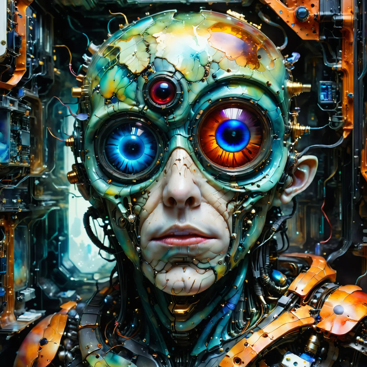 bug made out of electronics and pc parts, mainboard, gpu, cpu, circuit, electronic resistor, condesator, whimsical photorealism, amazing depth, fantasy concept art, impressionist watercolor paint by Geoffroy Thoorens, James Christensen, Russ Mills, intricate, cinematic lighting, highly detailed, smooth, sharp focus, perfect balanced style, amazing depth, complementary colors, sci-fi style, hyperdetailed, dark light, sinister masterwork by head of prompt engineering <lora:SDXLFaeTastic2400:0.8> <lora:hyperkraximalism_v1-1:0.6>