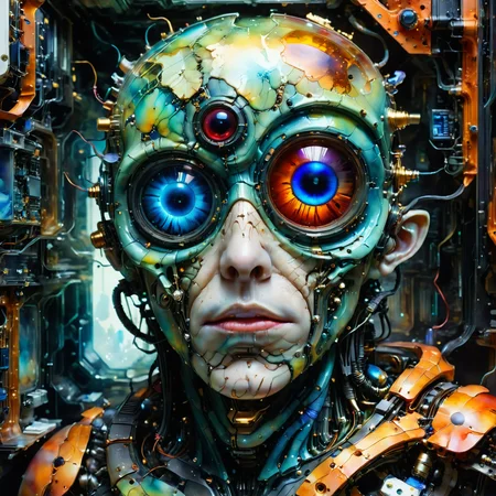bug made out of electronics and pc parts, mainboard, gpu, cpu, circuit, electronic resistor, condesator, whimsical photorealism, amazing depth, fantasy concept art, impressionist watercolor paint by Geoffroy Thoorens, James Christensen, Russ Mills, intricate, cinematic lighting, highly detailed, smooth, sharp focus, perfect balanced style, amazing depth, complementary colors, sci-fi style, hyperdetailed, dark light, sinister masterwork by head of prompt engineering <lora:SDXLFaeTastic2400:0.8> <lora:hyperkraximalism_v1-1:0.6>