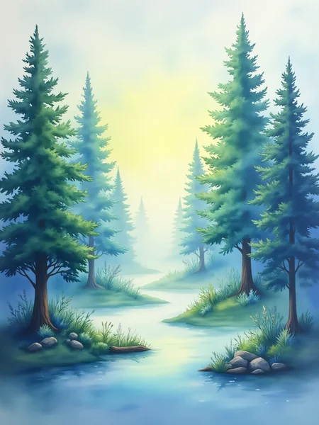 ArsMJStyle, Watercolor, Wet-on-Wet Technique, A misty forest at dawn, with soft, diffused colors blending into one another. The trees are mere silhouettes in shades of green and blue, with hints of morning light filtering through. The overall mood is serene and ethereal.
Tags: forest, mist, dawn, soft colors, diffused light, nature, wet-on-wet, dreamy.