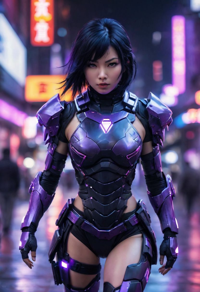 japanese woman, black hair, blurry, cyber ninja, cyberpunk district, lips, nose, realistic, science fiction, solo, full body, walk with sensuality and determination, minimal armor, purple glowing light armor, mean human shape, bokeh blur, Cinematographic lighting