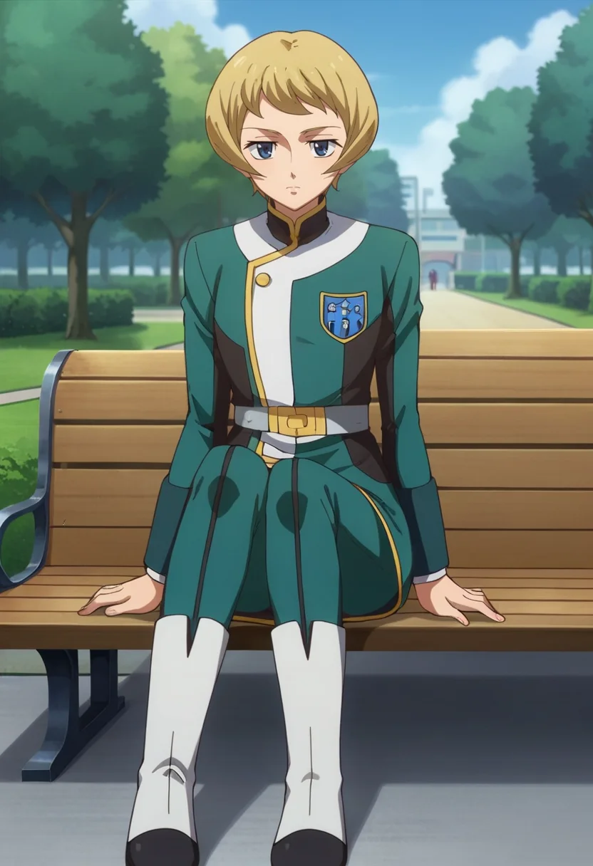 score_9,score_8_up,score_7_up,anime coloring BREAK source_anime,anime,<lora:Julieta_Juris_ORPHANS_Pony:0.8>,julieta,1girl,solo,blue eyes,blonde hair,short hair,gjallarhorn uniform,boots,sitting,park,bench,looking at viewer,