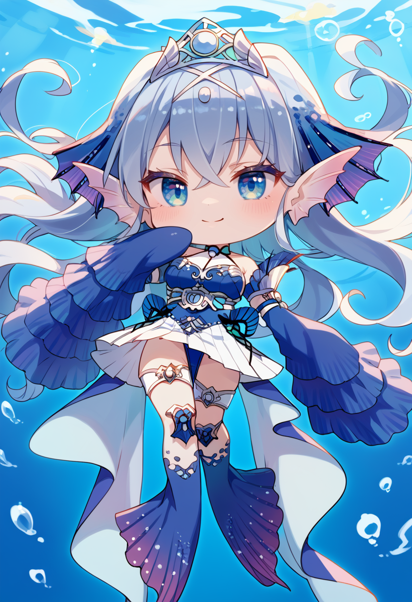 (score_9:0.9),score_8_up,score_7_up,rating_explicit,(zPDXL3),high res image,masterpiece,best quality,
<lora:Tearlaments Kitkallos PonyXL v5:0.74>,blue dress,sleeves past wrists, tearlaments kitkallos, silver tiara, blue detached sleeves, calf fins, silver thigh strap, 1girl, solo, full body, chibi, looking at viewer, blue dress, mermaid, smile, medium breasts, white pleated skirt, silver knee pads, underwater