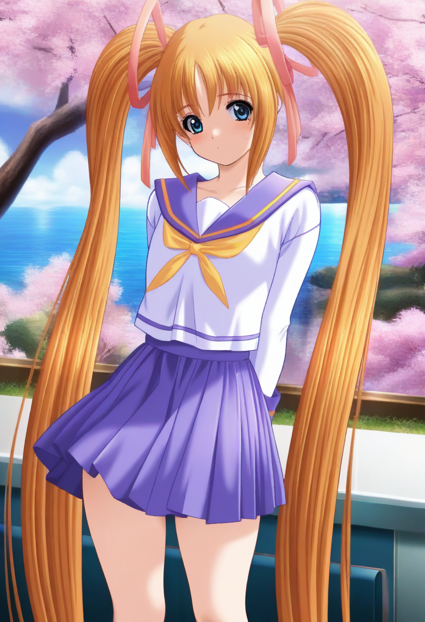masterpiece,best quality,amazing quality,very aesthetic,absurdres,newest,scenery,<lora:Kashiwagi Airi_Saishuu Chikan Densha_ilxl_v1-000010:1>,1girl,solo,twintails,school uniform,blue eyes,ribbon,orange hair,hair ribbon,serafuku,looking at viewer,long sleeves,neckerchief,very long hair,yellow neckerchief,blue sailor collar,kashiwagi airi,standing