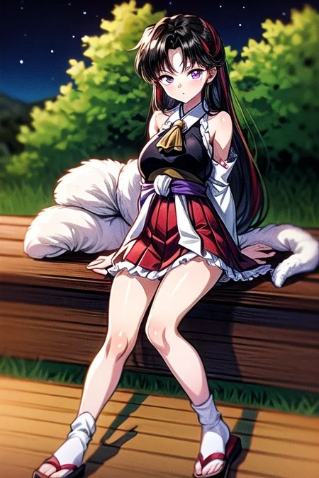 masterpiece, best quality 1girl Setsun4 solo long hair, (night time) forest background black hair very long hair purple eyes multicolored hair armor (fur trim) (medium body),<lora:EMS-179-EMS:0.800000>,<lora:EMS-293862-EMS:0.800000>ascot, bare shoulders, black footwear, detached sleeves, embellished costume, frills, japanese clothes, nontraditional miko, red skirt, sandals, sarashi, skirt, socks, armor, miko