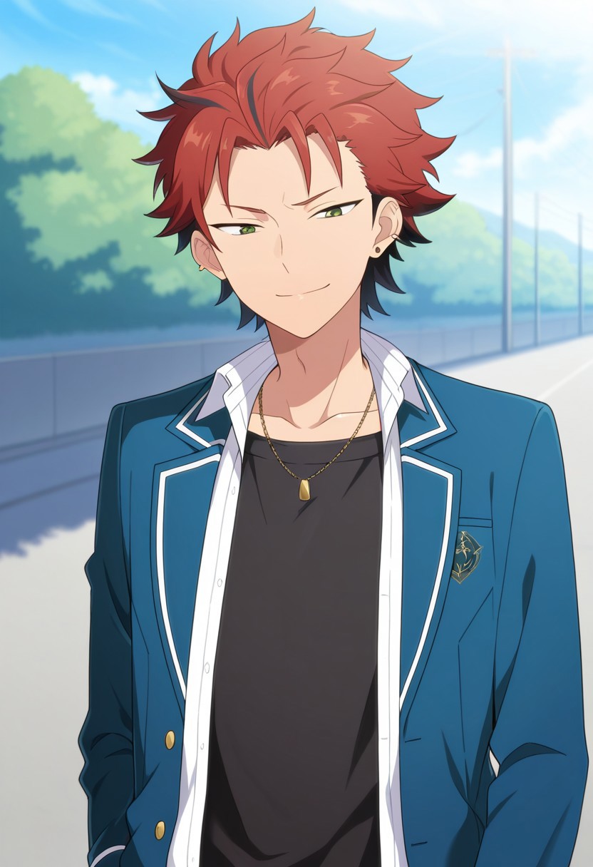 masterpiece,best quality,amazing quality, source_anime, 
kuroooky, 1boy, male focus, solo, green eyes, red hair, multicolored hair, jewelry, earrings, ear piercing, necklace, school uniform, black undershirt, white shirt, collared shirt, open shirt, jacket, blazer, blue jacket, open jacket, smile,
outdoor,
