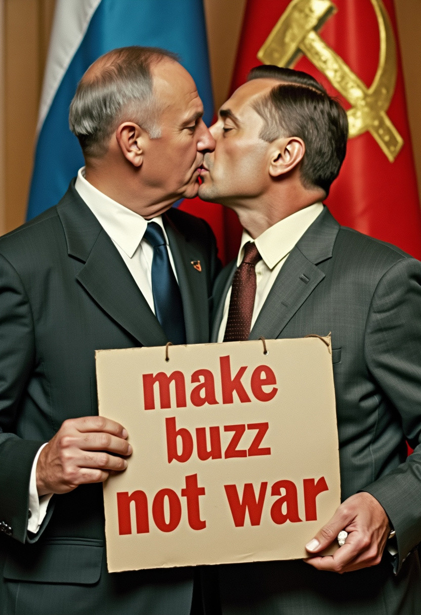 close up, (two russian man kissing, holding a sign with text "make buzz, not war"), politician wearing suits, russian, Michail Gorbatschow, (Soviet brother kiss:1.3), russian flag,  (historic photography), (incredibly detailed), historic picture, Soviet flag, historic picture, film grain, stencil portrait style,