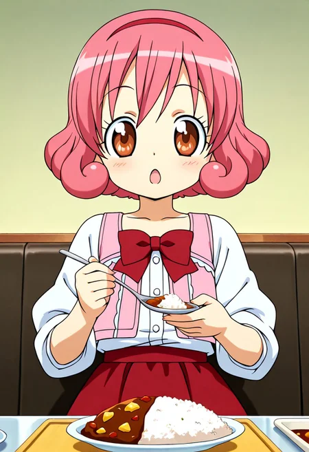 score_9, score_8_up, score_7_up, ASCII score_9, source_anime, 8K,best quality, hyper detailed,masterpiece, UHD,illustration,hime-chen! otogi chikku idol lilpri, yukimori ringo, 1girl,solo, food, spoon, pink hair, curry, open mouth, short hair, hairband, (curry rice:1), holding,red skirt, loliform, Anime art style, casual outfit
