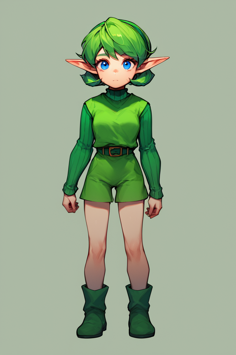 <lora:Saria_Legend_of_Zelda:1> ootsariapdxl, green hair, short hair, blue eyes, pointy ears, green sweater, ribbed sweater, green tunic, green hairband, 1girl, solo, full body,, score_9, score_8_up, score_7_up, score_6_up, score_5_up, score_4_up, high quality, best quality