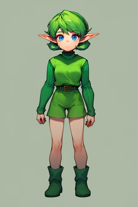 <lora:Saria_Legend_of_Zelda:1> ootsariapdxl, green hair, short hair, blue eyes, pointy ears, green sweater, ribbed sweater, green tunic, green hairband, 1girl, solo, full body,, score_9, score_8_up, score_7_up, score_6_up, score_5_up, score_4_up, high quality, best quality