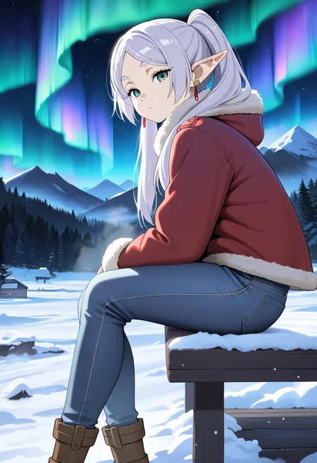 frieren, masterpiece, best quality, amazing quality, 1female, solo, adult, fur trimmed jacket, fog, snow, mountain, denim pants, sitting on deck, cabin, from side, night, forest, looking at viewer, particles, stars, aurora,