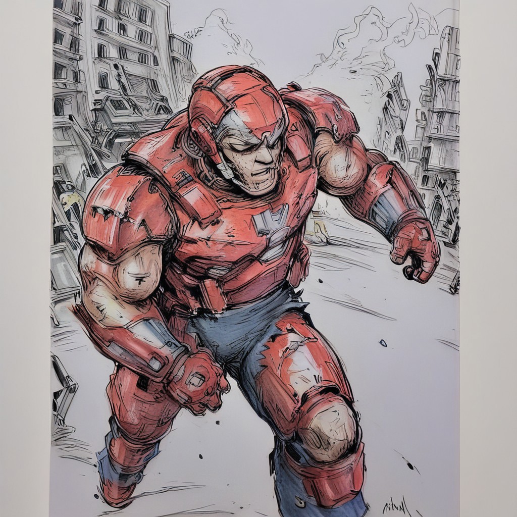 Evang, kimjunggi,traditional media, monochromatic,  Iron Man standing in a destroyed city street with torn clothing, scars, scratches, battle damaged suits, tactical armor, muscular, menacing look, Batmobile to the left in the background